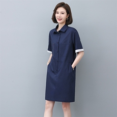 纯棉衬衫裙女夏2023新款中长款宽松休闲妈妈气质短袖直筒连衣裙，女装连衣裙，玛其路