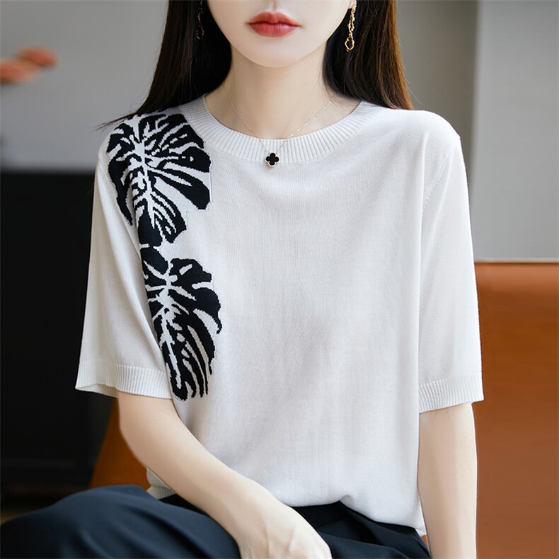 莱赛尔天丝~高级感穿搭树叶提花气质女士短袖圆领慵懒风T恤衫,女装T恤,尚雪电商供货