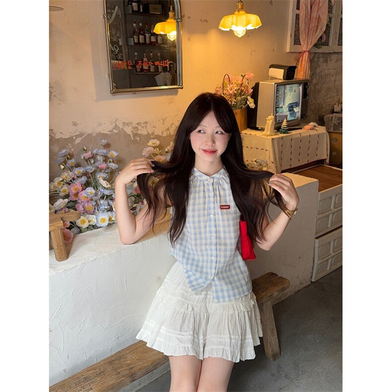 TC568-P45韩系甜美蓝色无袖格子衬衫女夏季新款挂脖上衣，女装衬衫，星座617A-2