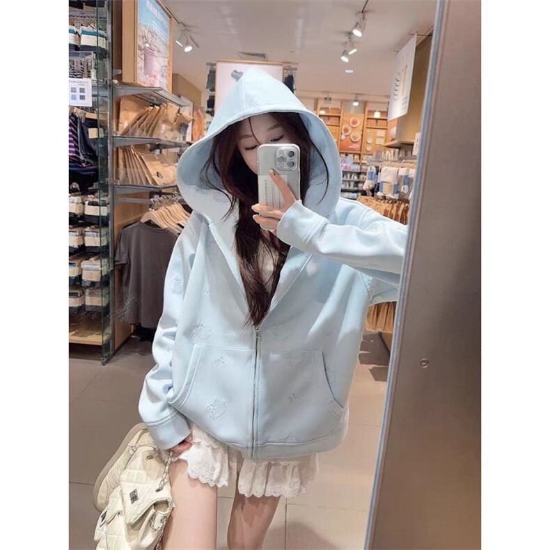 【云朵绒复合】薄款320g厚款400g 甜美蝴蝶结KT刺绣拉链外套女图片