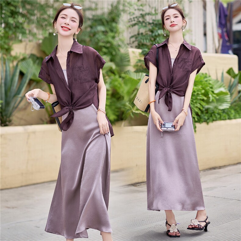 可退现2025夏季现货可推天丝轻薄短袖防晒衬衫＋醋酸提花吊带裙女，女装套装/套裙，时尚风爆