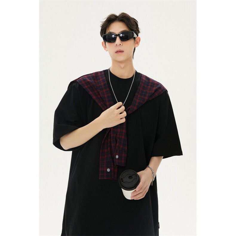 潮美式假两件格子打结260g双纱纯棉短袖XZ225-3-T15-P45控65，男装T恤，星座225-3