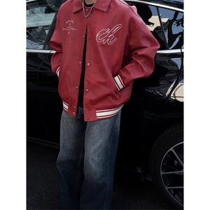 安可雷穿搭棒球服外套男款秋季潮牌美式飞行员夹克红色短款机车服图片