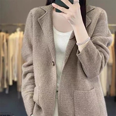 秋冬新款中长款100%纯羊毛针织开衫女V领带兜毛衣宽松羊绒衫外套，女装针织衫/毛衣，萱芳婷羊绒