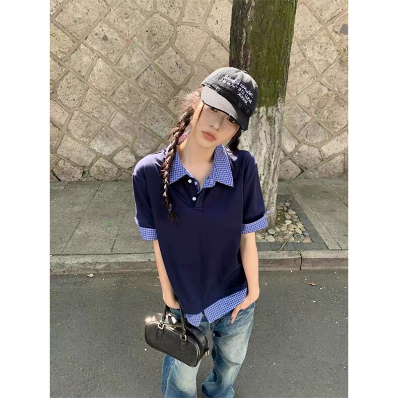 得物抖音高品质二开夏季美式潮牌高街假两件格子衬衣翻领短袖T恤,男装T恤,电商A486