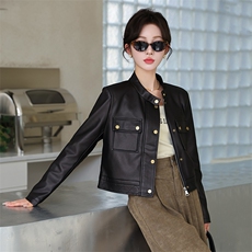 现货美拉德小香风褐色仿羊皮衣外套女2024秋装新款精致职场通勤，女装皮衣，江南女神