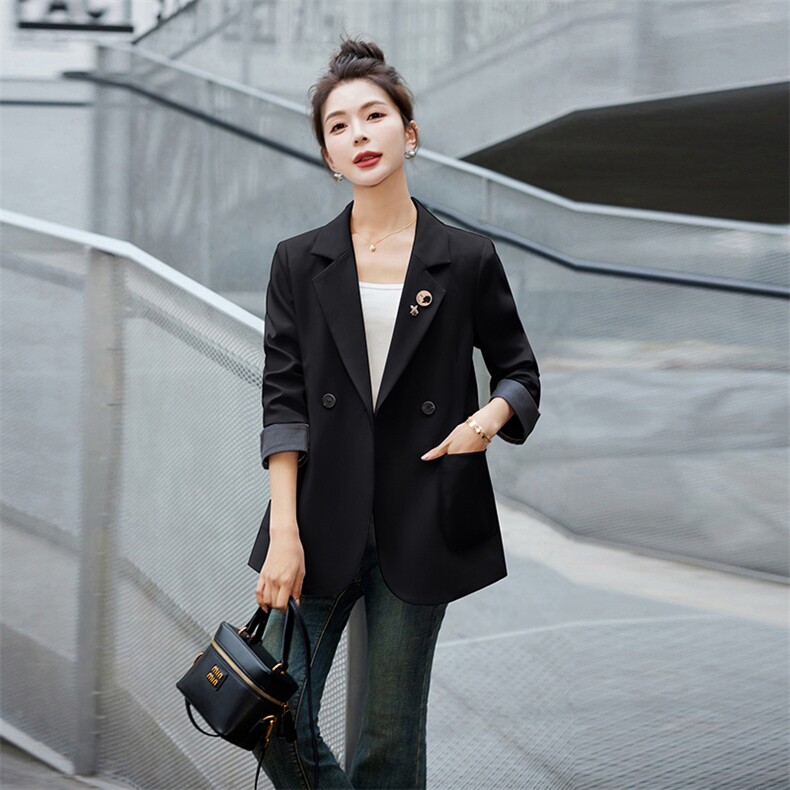 西装外套女春季2024年新款韩版宽松休闲中长款黑色气质小西服上衣，女装西装，岚衣(原川流布茜）
