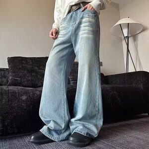 美式复古猫须水洗蓝色牛仔裤男款潮流休闲风百搭宽松直筒阔腿长裤图片