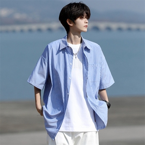 8XL-M 条纹短袖衬衫男夏季宽松慵懒风痞帅大码衬衣外套DC28001P40图片