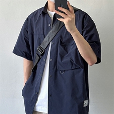 机能工装短袖衬衫纯色日系复古夏季宽松蓝色百搭衬衣半袖上衣日常，男装T恤，星座506A