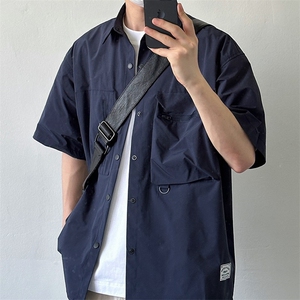 机能工装短袖衬衫纯色日系复古夏季宽松蓝色百搭衬衣半袖上衣日常