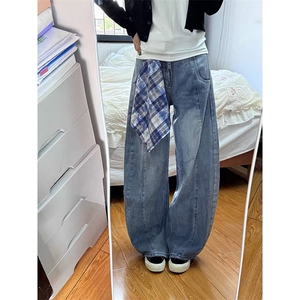 网图 可拆卸格纹方巾设计感小众弯刀牛仔裤男女宽松裤子-A2387P55图片