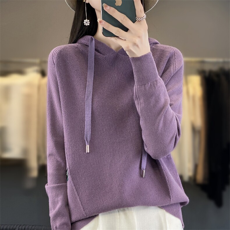 秋冬季新款纯色毛衣女长袖宽松显瘦百搭帽衫上衣,针织衫/毛衣,贵皇网供仓