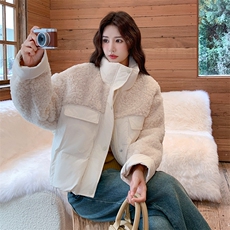 羊羔毛拼接白色立领短款羽绒服女冬超火好看高级小众加厚保暖外套，女装羽绒服，2C317A