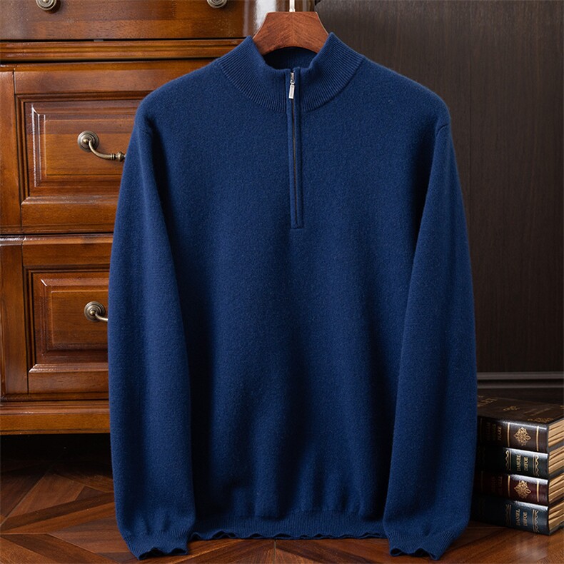 商务休闲拉链半高领纯色羊绒衫男套头毛衣秋冬新款针织打底羊毛衫，男装羊绒套衫，欧力羊绒