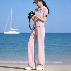 高级感欧货休闲显瘦套装女夏新款拉链抽绳开衫连帽上衣阔腿裤套装