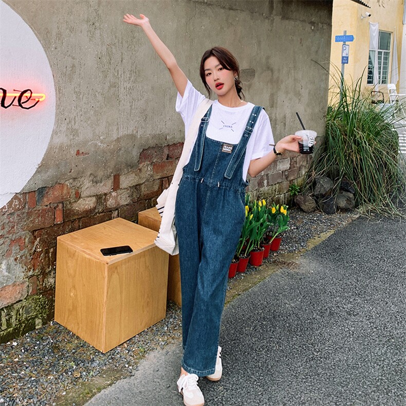 2023夏季新款休闲宽松显瘦牛仔松紧背带裤配纯色短袖T恤两件套女,女装连体裤,一九零