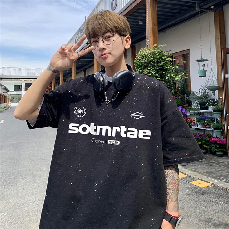 量大优供抖音视频支持得物配合二开美式满天星亮片短袖T恤MTX187,男装T恤,电商A486