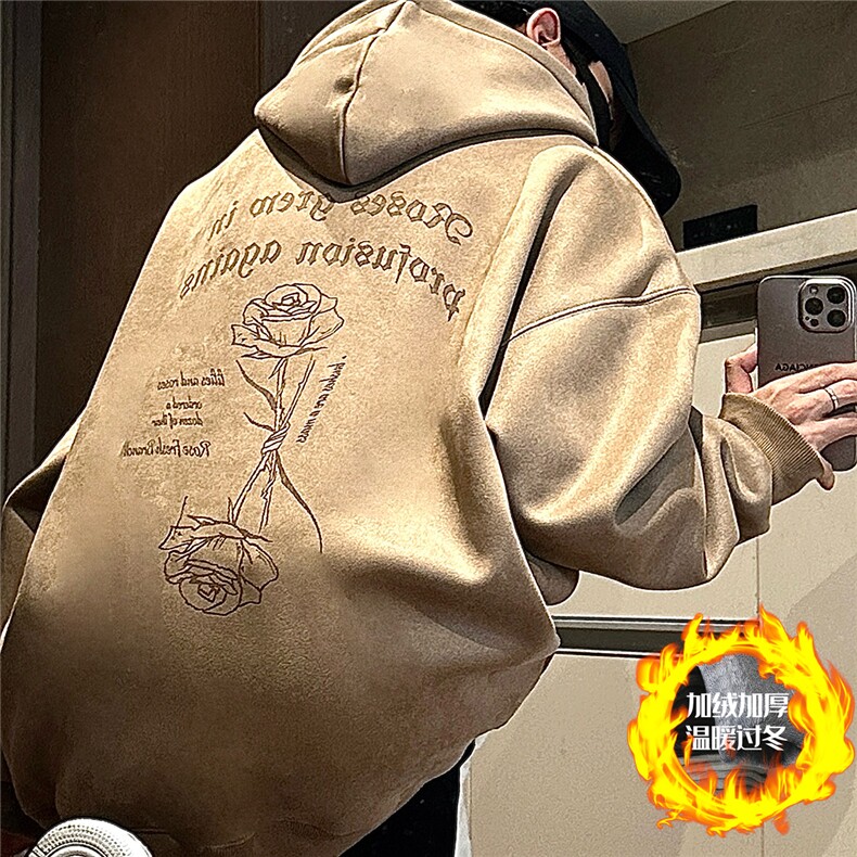 大码450G重磅奥利绒加厚烧花麂皮绒连帽卫衣P65控88常规P58控78,男装卫衣,电商A422-1
