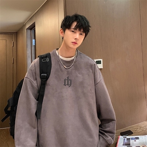 Y30 P40秋季港风麂皮绒圆领卫衣男宽松长袖T恤打底衫外套图片