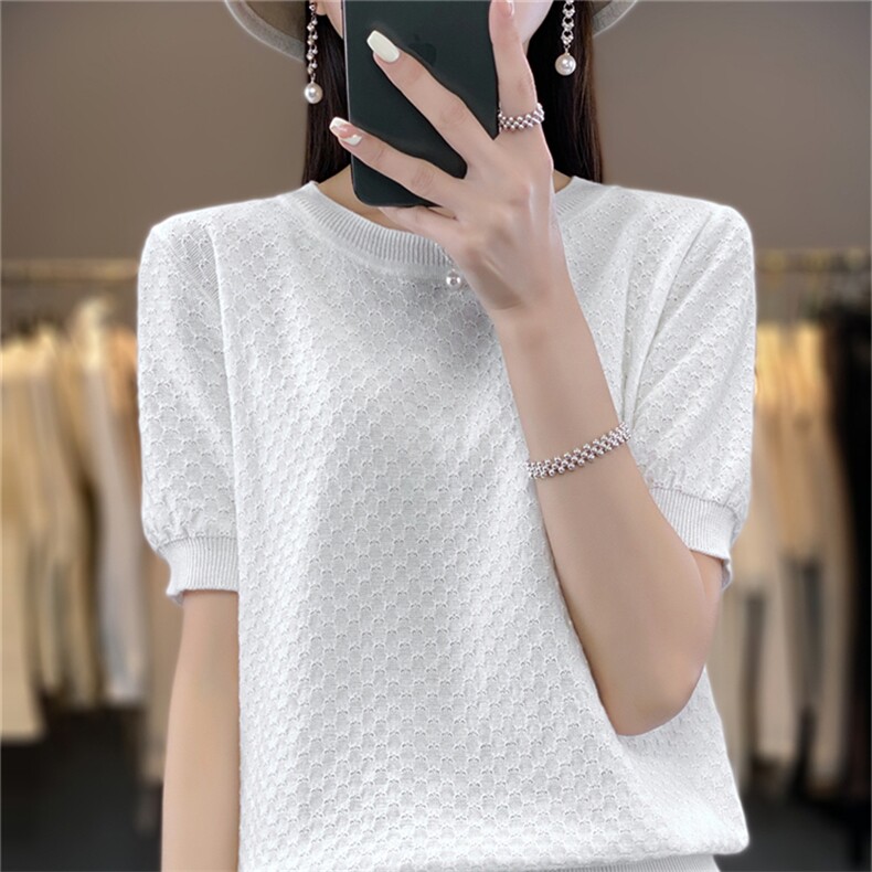 圆领100%纯棉针织短袖T恤女圆领纯色提花半袖上衣宽松棉麻打底衫,针织衫/毛衣,斯美雅电商供货