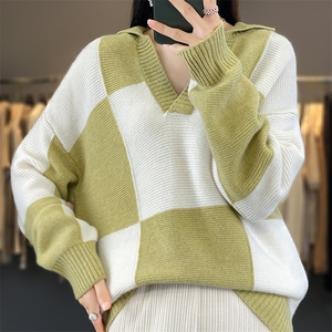 拼色POLO领100%纯羊毛衫女秋冬款长袖毛衣宽松慵懒羊绒衫打底上衣图片