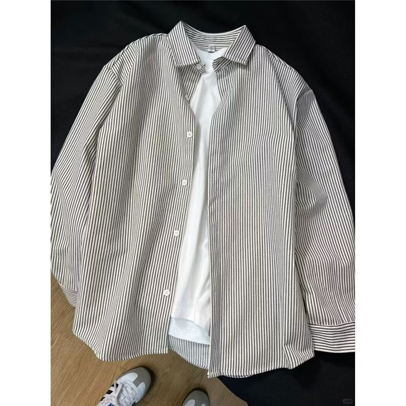 条纹衬衫男款春夏新款美式复古慵懒风休闲高级感潮牌长袖衬衣外套，男装衬衫，星座506A