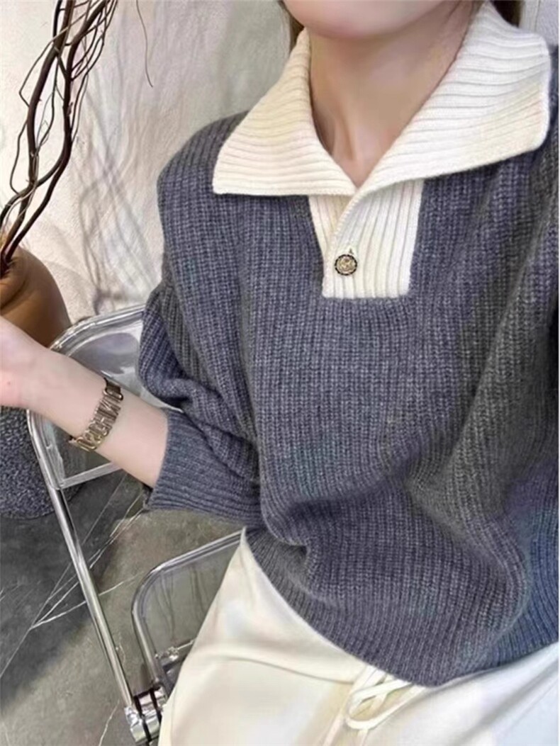 女士纯色拼接秋季新款时尚显瘦半开拉领羊毛衫,女装羊毛衫,戎咖羊绒