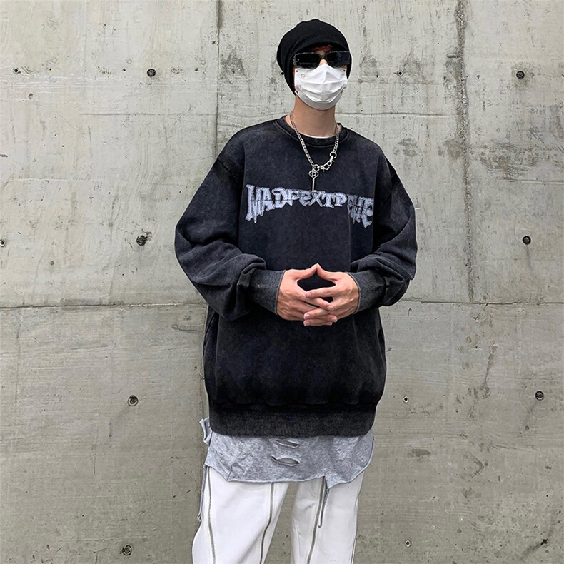 美式复古重磅做旧水洗宽松涂鸦印花圆领套头卫衣男-WY8333-P58,男装卫衣,电商B289