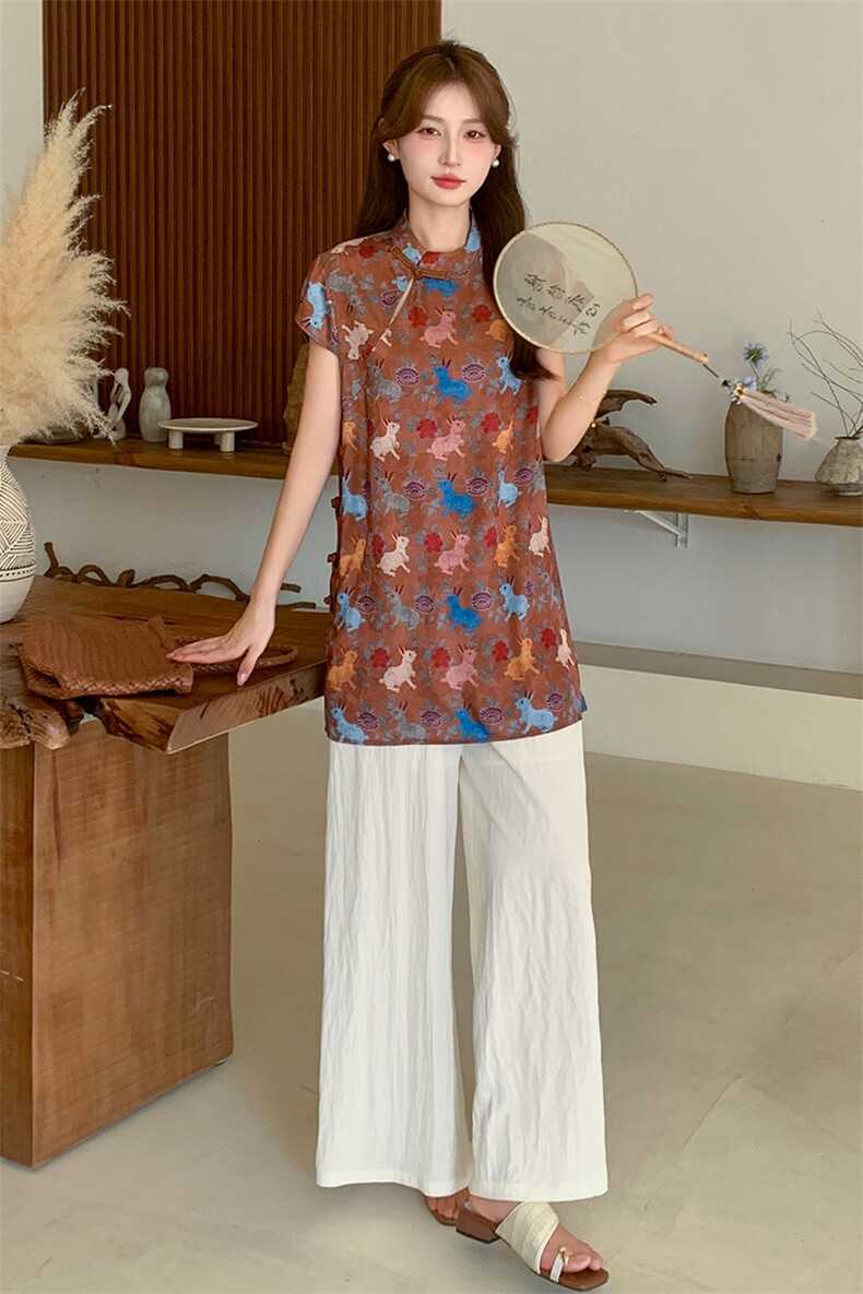 珐琅彩兔中式风格小众设计显瘦2025夏季女套装,女装套装/套裙,玖莱伊