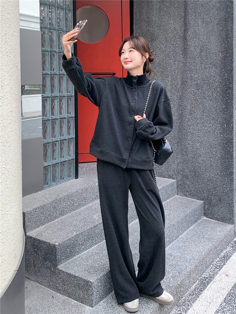 灰色松弛感加绒加厚立领卫衣两件套女2025冬季新款学院风显瘦卫裤,女装套装/套裙,艾米莉亚