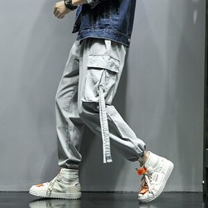 2021灰墙风春季新大码宽松大口袋松紧织带收脚工装裤K227-P65图片