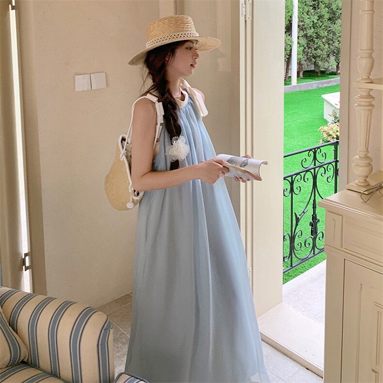 法式无袖挂脖连衣裙女2025夏季新款气质高级感绝美超仙度假风长裙,女装连衣裙,浙宝305