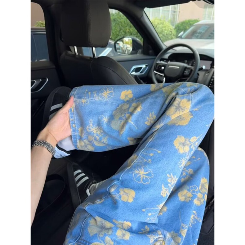 复古印花设计牛仔裤女夏日浪漫黄碎花阔腿裤显瘦高腰直筒拖地长裤,男装牛仔裤,星座506A
