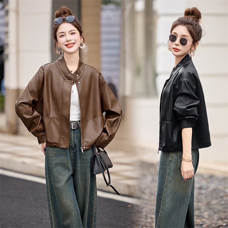 海宁2025新款气质时尚百搭拉链皮衣外套女高级感立领夹克，女装皮衣，江南女神