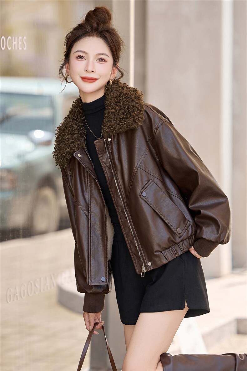 复古羊羔毛领加绒加厚皮衣女2025秋冬新款宽松百搭保暖皮夹克外套,女装皮衣,梦依缘