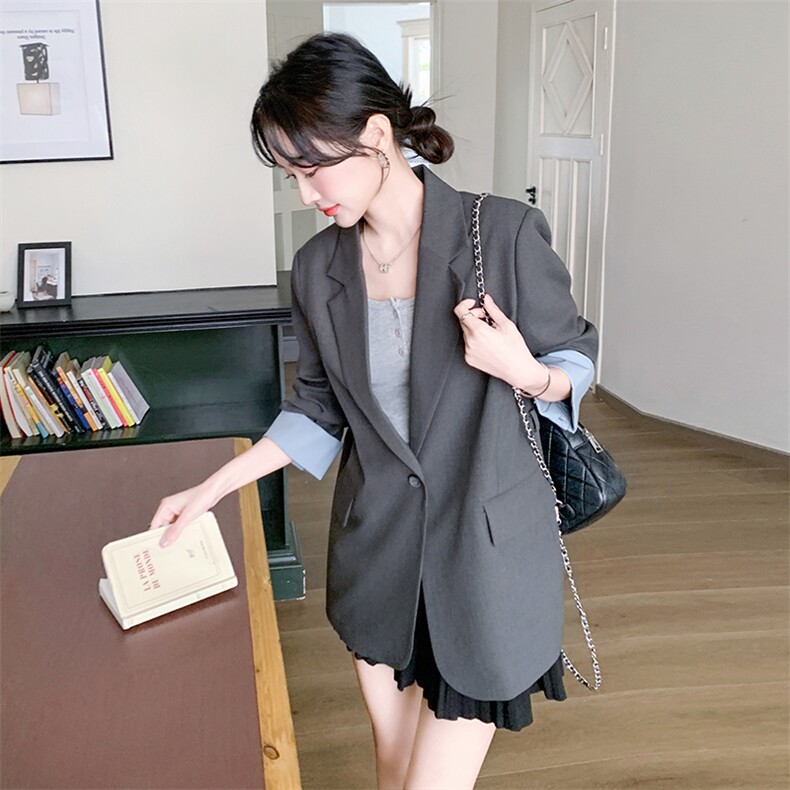 灰色英伦风西装外套女2025春季新款今年流行拼色宽松百搭西服上衣,女装西装,2C198