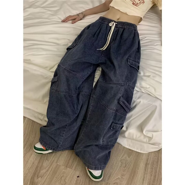 酷拽少女潮美式复古牛仔裤直筒宽松阔腿裤街舞嘻哈工装蓝色长,男装牛仔裤,星座506A