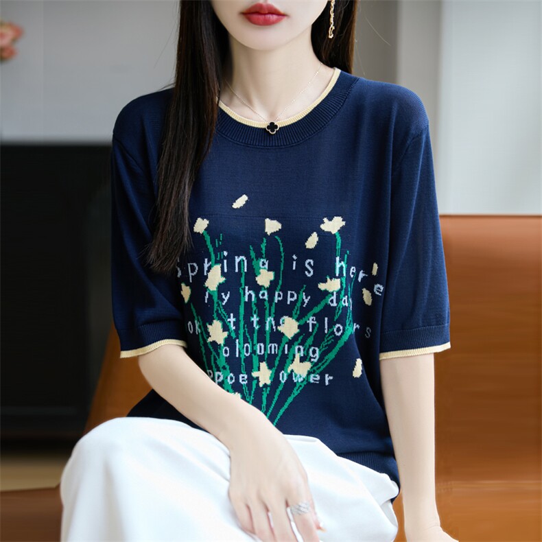 夏季新款简约莱赛尔天丝蓝色印花短袖女宽松百搭显瘦时尚休闲上衣,针织衫/毛衣,源达羊绒