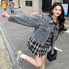 现货-黑白格衬衫+牛仔马甲两件套-款号9906-P145K198，女装套装/套裙，浙宝305