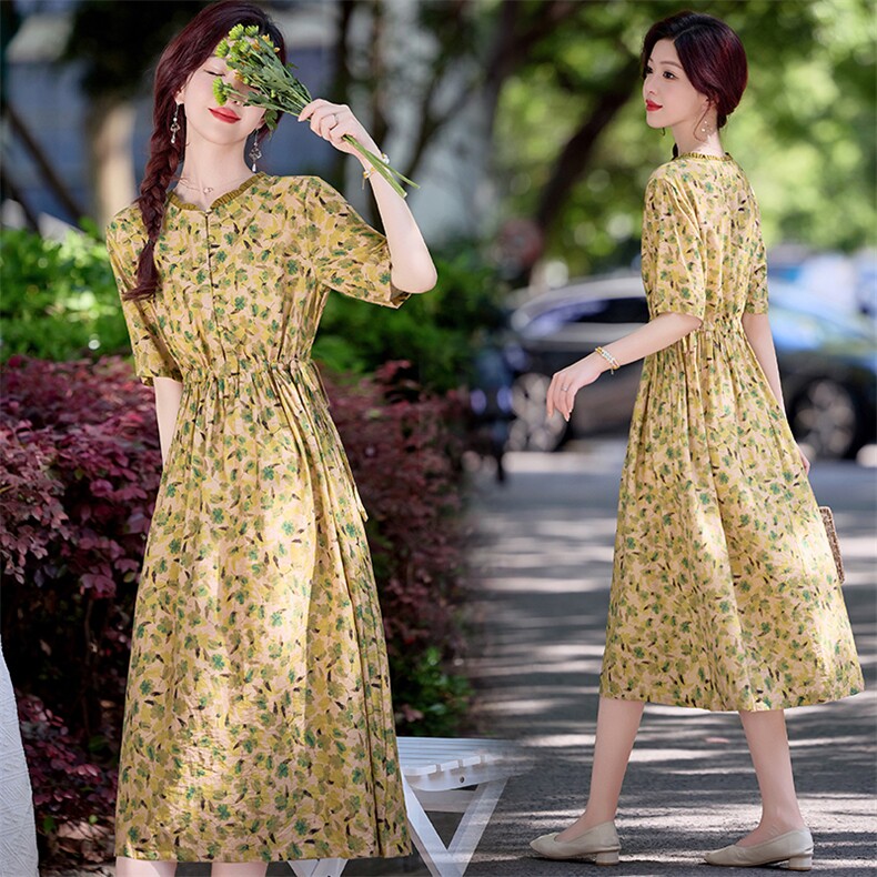时尚收腰妈妈中年女装大码连衣裙2025夏季新款洋气显瘦棉麻碎花裙,女装连衣裙,涵墨