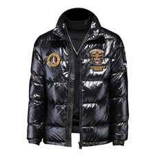 8003冬季新款男士连帽亮面外套勋章保暖白鸭绒羽绒服，男装羽绒服，钱塘2010-1