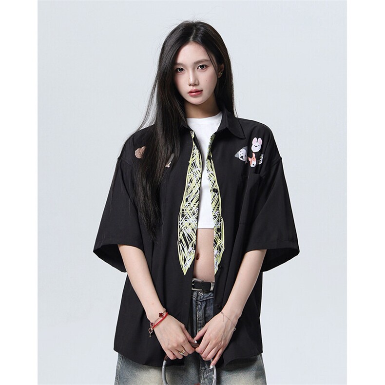 美式手绘涂鸦衬衫男夏季小众潮牌设计感短袖衬衣25XC33160-特批46,男装衬衫,电商A042