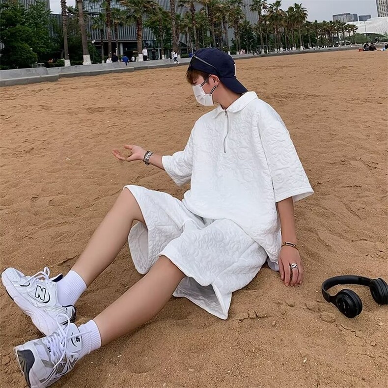 夏季新款半拉链衬衫男短袖polo衫五分裤潮套装P45,男装休闲套装,星座1116-2