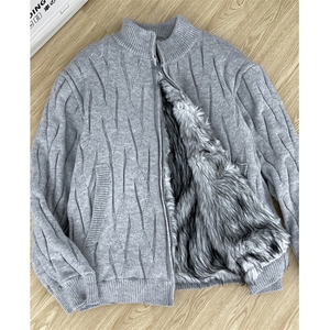 荆刺绞花立领加绒毛衣男款秋冬重磅开衫针织衫座山雕外套MY467