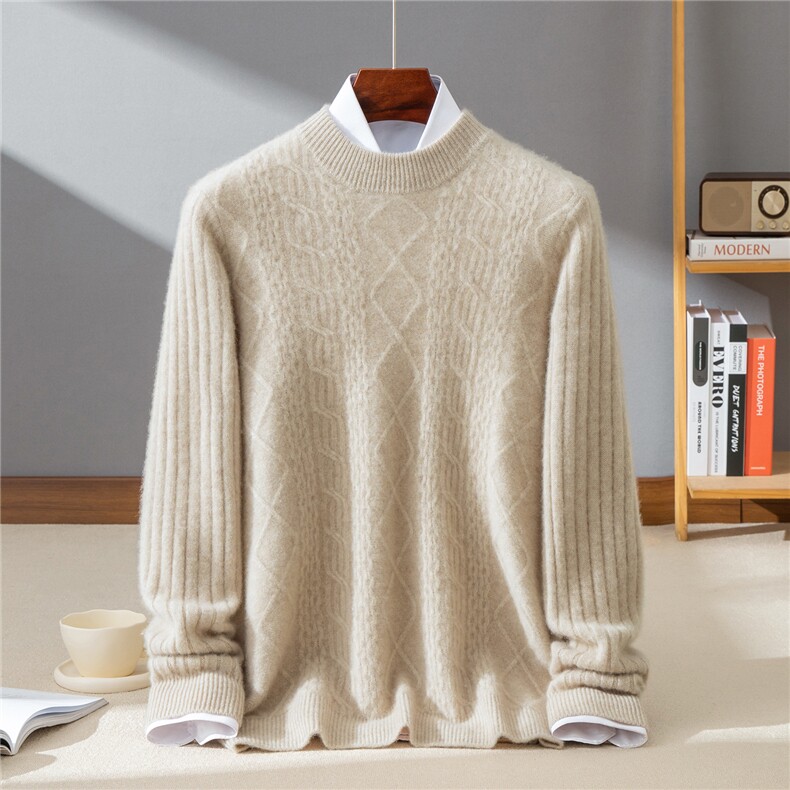 七针加厚~绞花复古半高领休闲男山羊绒衫25秋冬新款保暖针织毛衣，男装羊绒套衫，牧群羊绒