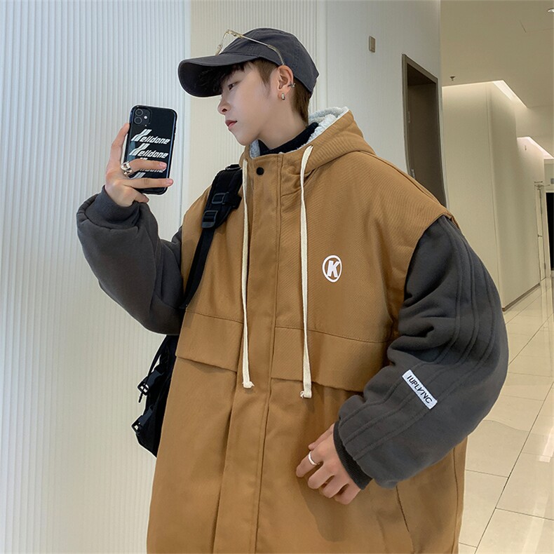 冬季加绒拼接羊羔毛连帽服男潮牌衣宽松保暖外套 W6555-P98图片
