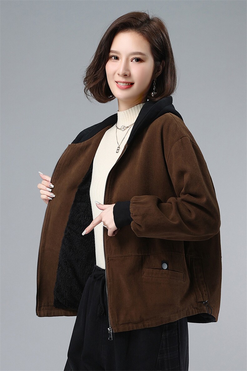 2021年冬季拼接连帽加绒外套宽松文艺开衫长袖,女装卫衣/绒衫,叶笙衣