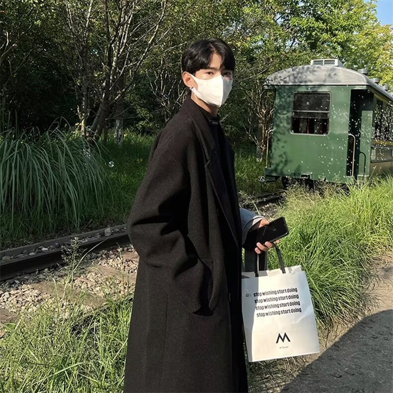黑色毛呢大衣男中长款风衣高级感赫本风秋冬季德式戗驳领呢子外套,男装毛呢大衣,星座218-1（原230）