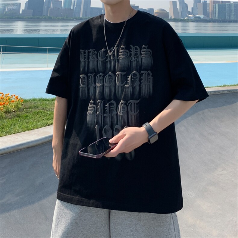 904-XT17-P35 美式复古哥特文发泡印花短袖T恤男女 100棉图片